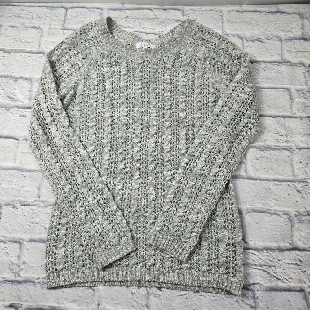 Delias Back Sequin Bow Sweater Light Gray size Small  Loose Knit Keyhole Holiday